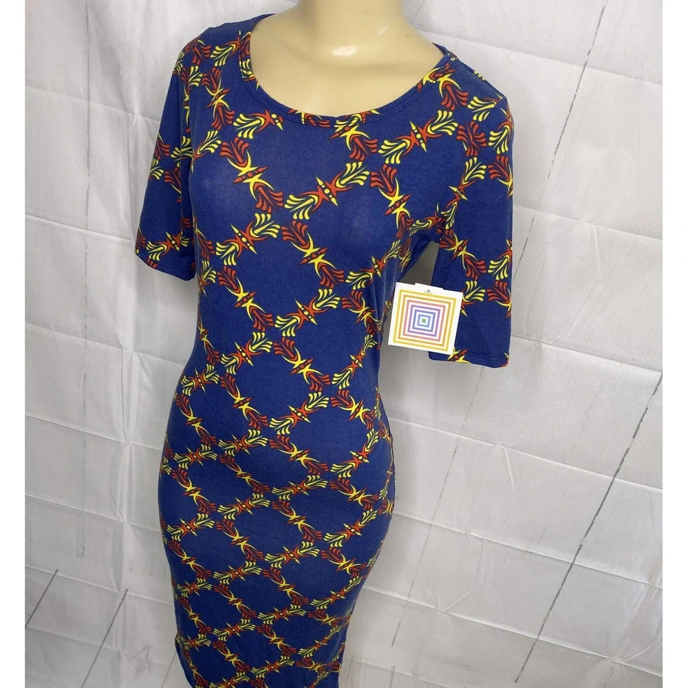 Lularoe Julia Dress Blue Color Print Short Sleeve Boat Neck Midi Women XS NWT